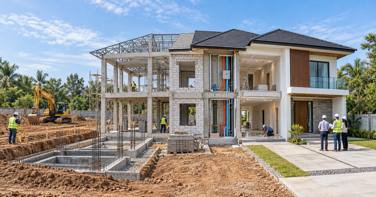 A house shown through foundation, structure, MEP, finishing and handover stages